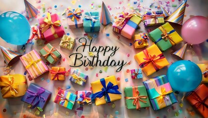 Obraz premium カラフルな誕生日プレゼントとバルーンが彩るハッピーバースデー