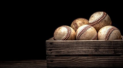 A warm-toned composition of vintage baseballs in a weathered crate, light catching their worn exteriors, conjuring stories of past victories and losses