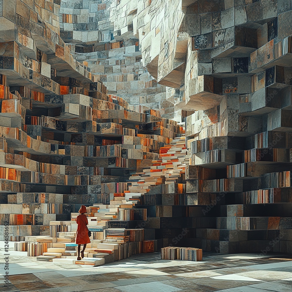 Aufkleber exploring an artistic library urban setting digital artwork abstract environment wide angle visual i