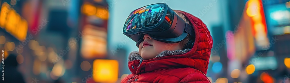 Poster exploring virtual reality experiences times square child engagement urban environment close-up view 