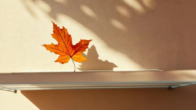 Autumn leaf casting shadow over wall in gentle breeze