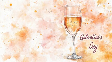 Galentine's Day celebration illustration featuring a champagne flute with a bubbly drink against a pink watercolor background and festive typography.