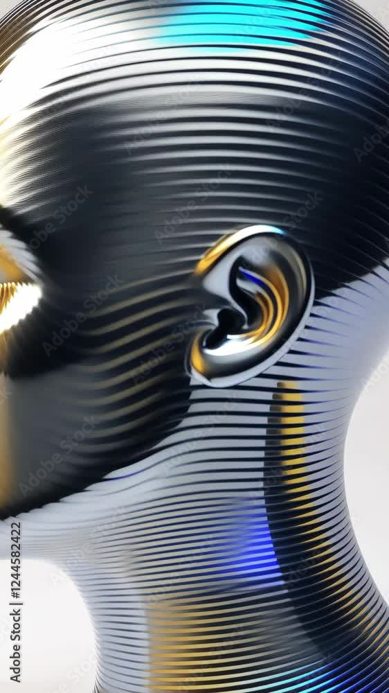 Poster sleek metallic sculpture with intricate line patterns illuminated by soft lighting