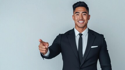Confident young man in a black suit and tie pointing forward with a bright smile against a clean white background.