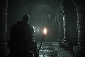 Medieval knight exploring a dark, ancient corridor with a torch in a mysterious castle at night