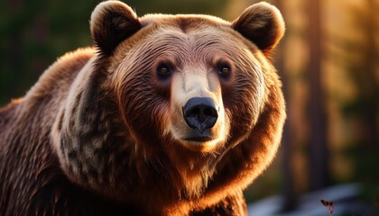 Fototapeta premium Majestic Grizzly Bear Roaming through a Winter Wonderland, Frosty Trees and Icy Landscape Form an Enchanting Scene in the Wilderness.