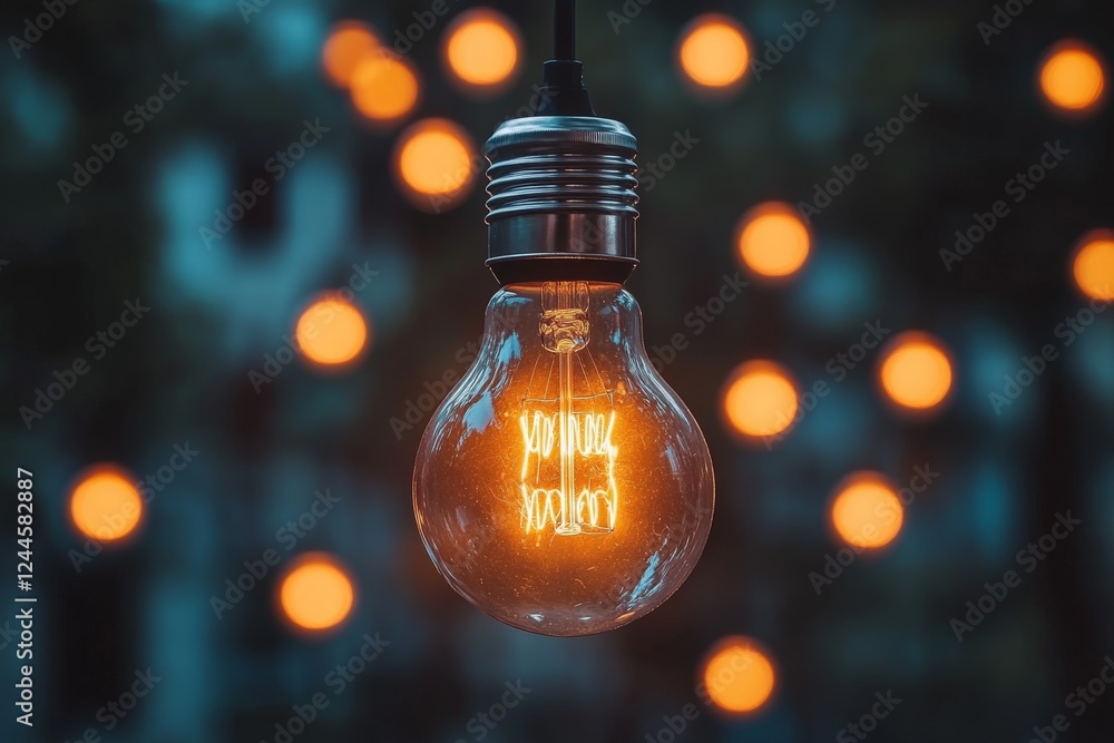 Poster warm glowing bulb illuminates a nighttime outdoor setting adorned with soft bokeh lights in the back
