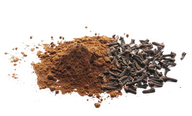 Clove powder pile and dry buds isolated on white background, side view