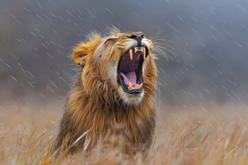 Majestic lion yawns under rain while resting in tall grass during a cloudy day
