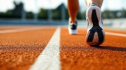 Athlete running on track and field, detail on running shoes