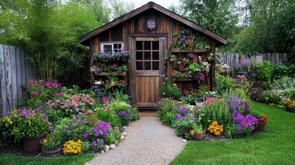 Obraz premium Colorful flowers bloom around rustic shed; garden path leads to tranquil backyard oasis