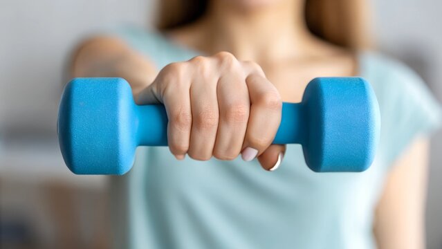 Empowering health and wellness woman's hand holding a soft blue dumbbell in a home gym setting