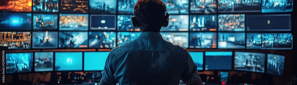 Poster monitoring high-tech security systems control room digital content urban environment overhead view c