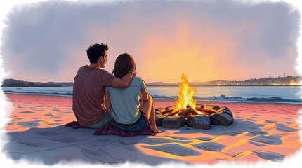 Romantic couple sitting by a bonfire on the beach at sunset, embracing and enjoying the view