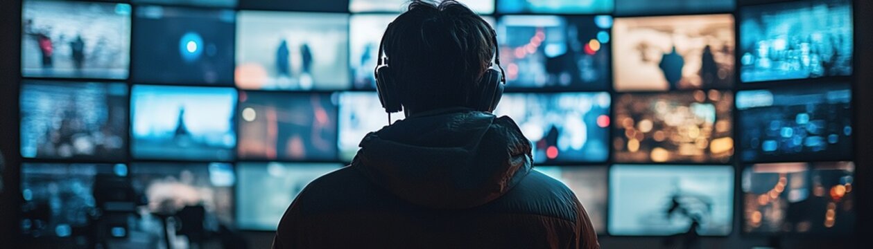 Monitoring digital environments surveillance operator insights control room video footage tech-focused professional setting