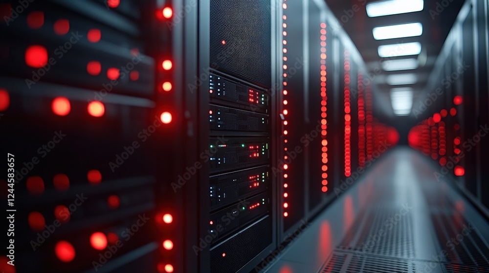 Poster high-tech data center corridor with illuminated server racks showcasing digital activity