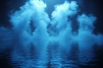 Naklejka premium A serene blue fog over a calm water surface creates a tranquil atmosphere.