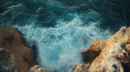Obraz premium Rocky cliffs by the sea, close-up of rugged cliffs and crashing waves, dramatic lighting