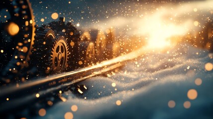 Naklejka premium Steampunk-inspired city with snow-covered gears and pipes, avalanche rolling down from mechanical mountains, warm vintage tones