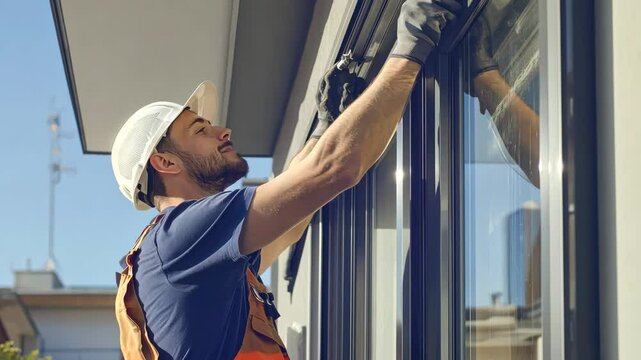 Professional window cleaner safely maneuvering tall building exteriors