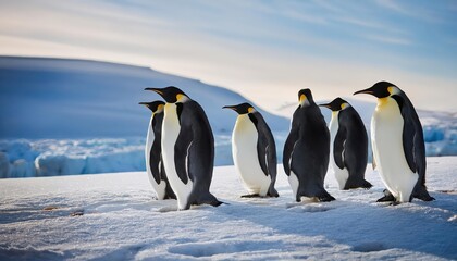 Fototapeta premium Striking Gathering of Emperor Penguins Amidst Snowy Antarctic Landscape A Captivating Portrayal of Frozen Wildlife and Icy Environment