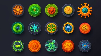 Playful flat icons of various germs and viruses in vivid colors, showing distinct cell structures, perfect for educational purposes