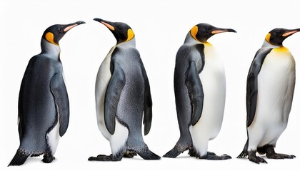 Fototapeta premium Four Striking Emperor Penguins Stand in Dramatic Isolation Against a Backdrop of Pristine Snow and Azure Icebergs, Capturing the Frozen Majesty of Antarcticas Chilling Beauty.