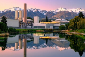 Fototapeta premium Serene Industrial Landscape with Mountains and Reflections at Sunrise in Beautiful Nature