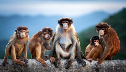 Naklejka premium Playful Troupe of Mischievous Monkeys Frolicking Amidst Lush Tropical Greenery, Exuding Joy and Energy in a Vibrant Rainforest Setting