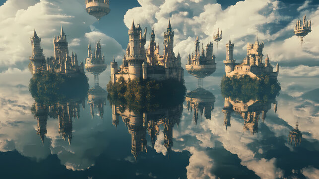 Reflective lake mirroring sky filled with floating upside-down castles. Inverted Reality. Illustration