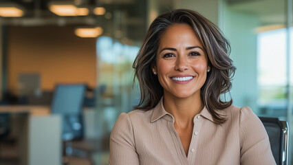 Obraz premium Professional Businesswoman Smiling in a Modern Office with a Professional and Friendly Expression
