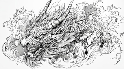 Obraz premium Fierce dragon head with detailed whiskers and horns, surrounded by waves and flames, bold line tattoo design