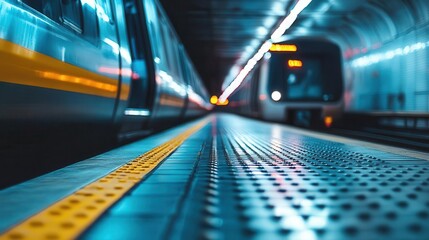 Subway station platform, close-up of train arriving, bustling underground platform