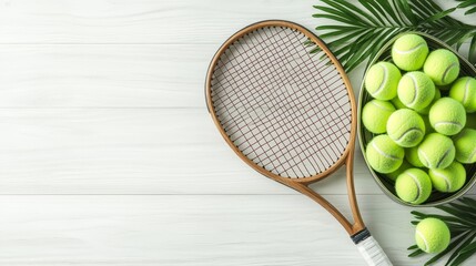 Iconic old tennis racket with a wooden frame and fraying strings, placed alongside a vintage can of tennis balls, classic sports memorabilia concept