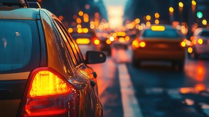 Taxi on busy street, close-up of taxi navigating through city traffic, vibrant urban setting