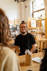 Fototapeta premium Young barista wearing glasses and a black t shirt, smiling warmly at a customer while engaging in friendly conversation in a cozy coffee shop