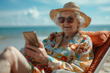 Fototapeta premium Grandmother relaxing on a sun lounger at the beach while using her smartphone on a sunny day
