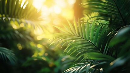 Obraz premium Tropical rainforest, close-up of lush green foliage and sunlight filtering through