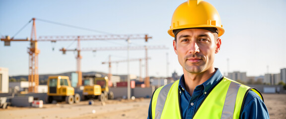 Confident construction worker standing on site with cranes, teamwork spirit