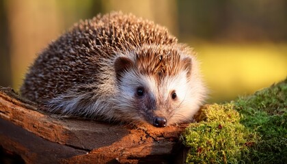 Fototapeta premium Enchanting Hedgehog Strolls through Lush MossCovered Forest at Twilight, Bathed in Soft Shadows and Ambient Glow.
