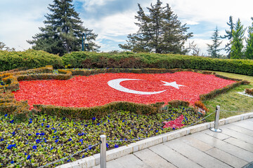 The map of T&uuml;rkiye and the Turkish flag in the garden of Anıtkabir, where Mustafa Kemal Atat&uuml;rk's mausoleum is located. Ankara