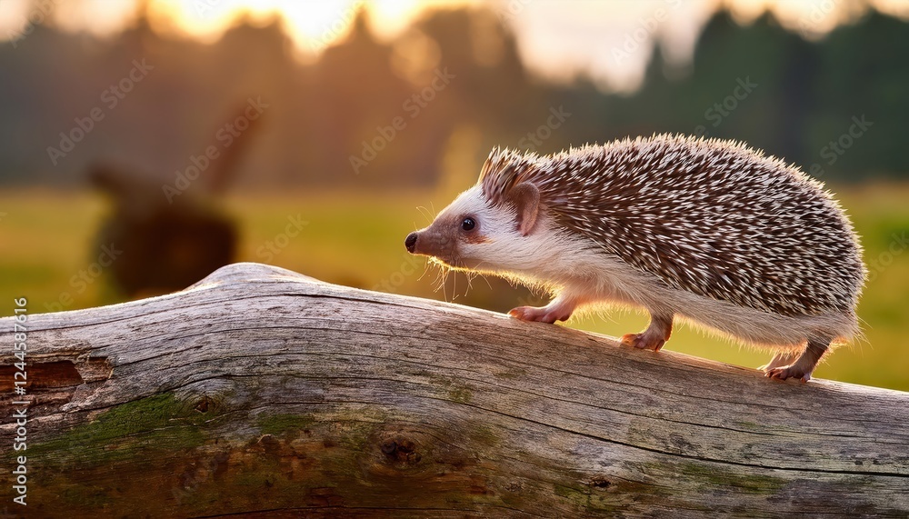 Poster agile hedgehog scampering over a decaying log in the enchanting forest at dusk, showcasing the contr