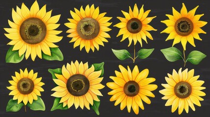 Bright, vibrant sunflower set in watercolor style, perfect for fresh, cheerful decor on a clean backdrop. Ideal for various designs