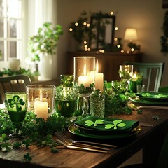 Dining table decorated for st. Patrick's day with candles and shamrocks.