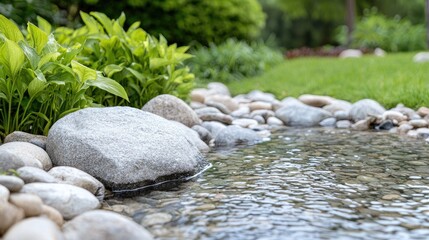 Obraz premium Serene garden stream, rocks, plants, lawn background; landscaping design