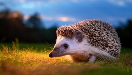 Fototapeta premium Wild Hedgehog Roaming Free in a Tranquil Dusk Wildlife Garden Hide Captured Moment Reveals Serene Mood and Natural Beauty