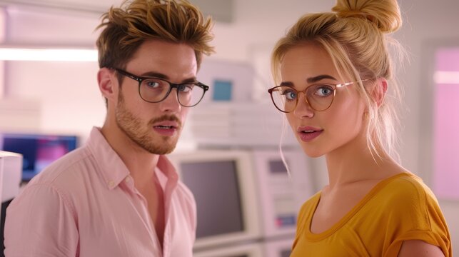 A sharp businessman collaborates with a stylish blonde in a modern office, reviewing essential documents together.