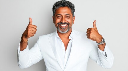 A confident man of Indian descent in a white suit giving double thumbs up, expressing positivity and success against a clean, minimalist background.