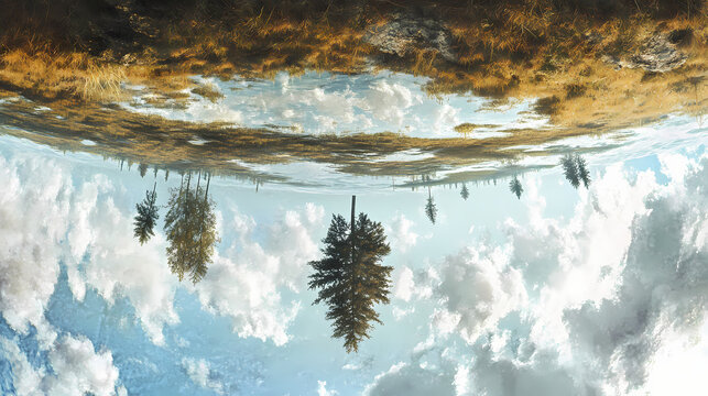A landscape where everything is upside down, symbolizing disorientation. Inverted Reality. Illustration