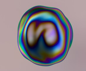 Abstract futuristic 3D illustration of a amorphous liquid sphere in holographic iridescent colors made of chrome plated material.